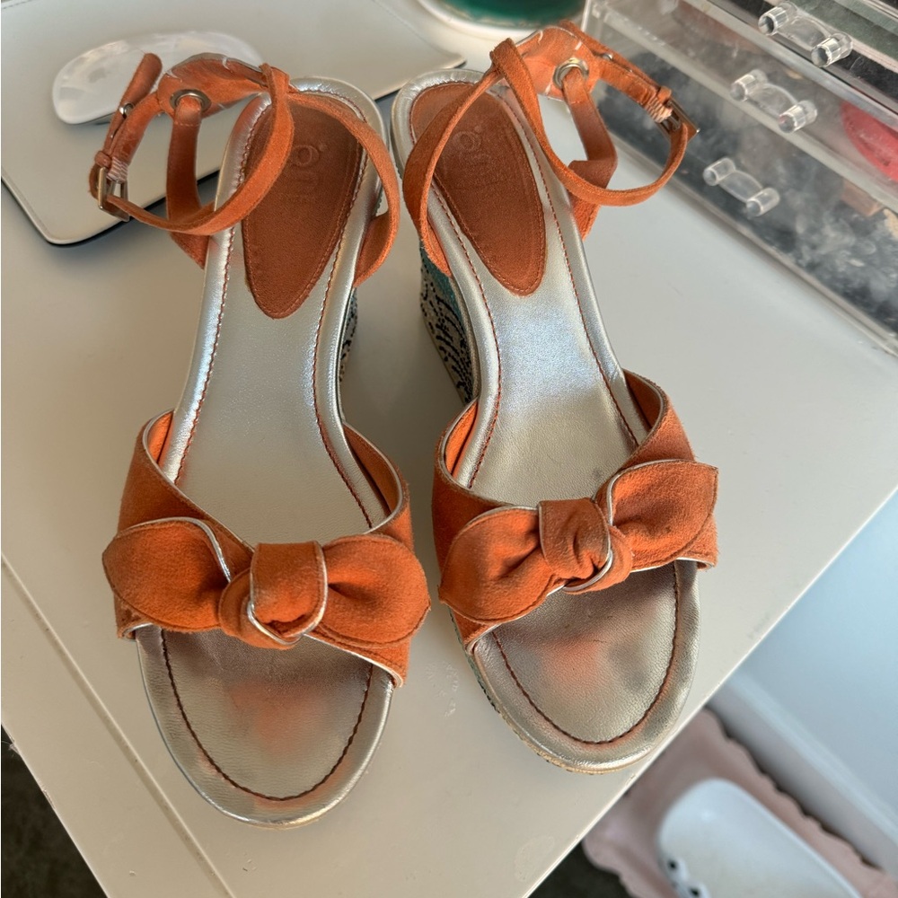 Orange Bow Wedge Heels with Rhinestones